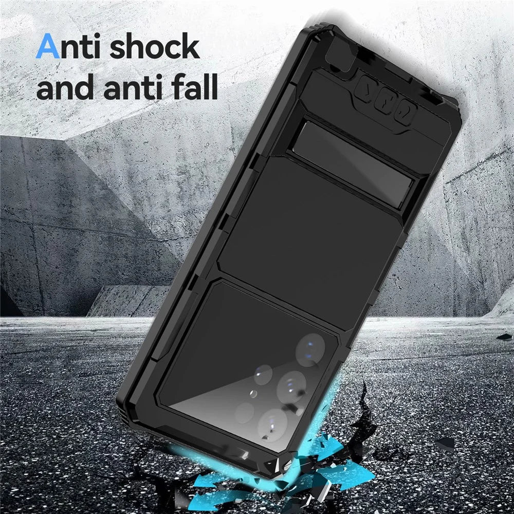 R-JUST For Samsung Galaxy S23 Ultra Kickstand Phone Case PC+Silicone+Metal Waterproof Dust-proof Cover with Screen Protector - Black - 4