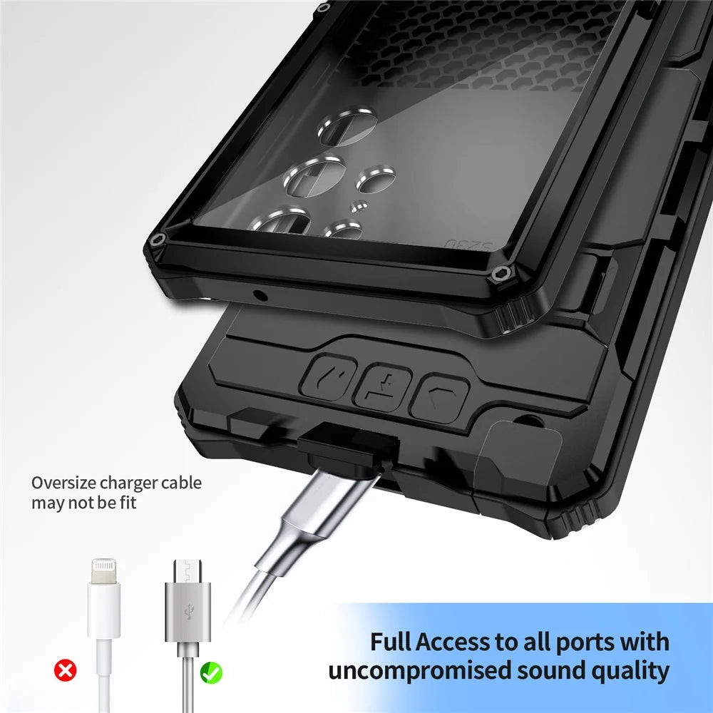 R-JUST For Samsung Galaxy S22 Ultra 5G Waterproof Drop-Proof Case Kickstand Back Cover with Tempered Glass - Black - 5