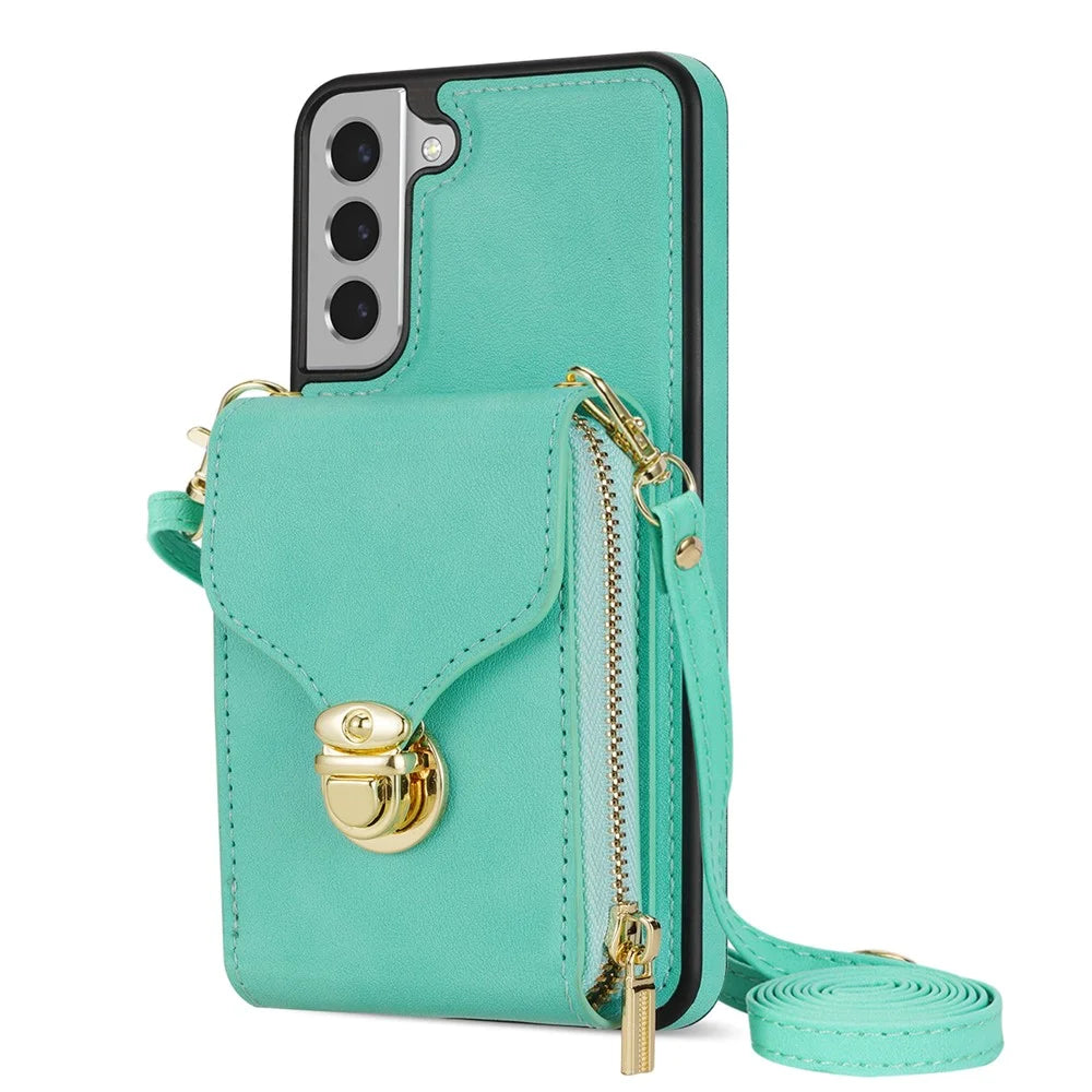 For Samsung Galaxy S21 FE 5G PU Leather Coated TPU Phone Case Crossbody Zipper Purse Card Holder Kickstand Cover - Mint Green - 1
