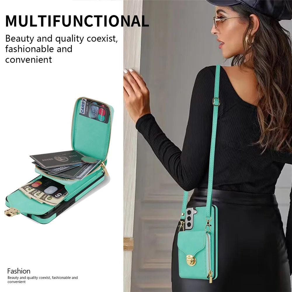 For Samsung Galaxy S21 FE 5G PU Leather Coated TPU Phone Case Crossbody Zipper Purse Card Holder Kickstand Cover - Mint Green - 5