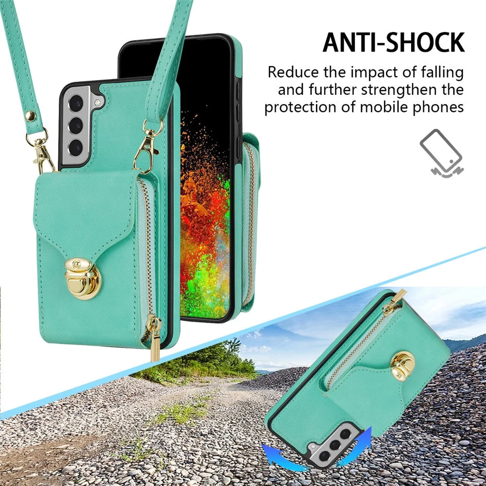 For Samsung Galaxy S21 FE 5G PU Leather Coated TPU Phone Case Crossbody Zipper Purse Card Holder Kickstand Cover - Mint Green - 6