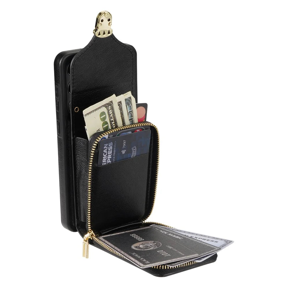 For Samsung Galaxy S23+ Zipper Leather Coated TPU Phone Case Card Holder Kickstand Cover - Black - 2
