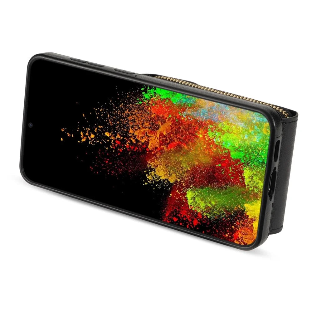 For Samsung Galaxy S23+ Zipper Leather Coated TPU Phone Case Card Holder Kickstand Cover - Black - 4
