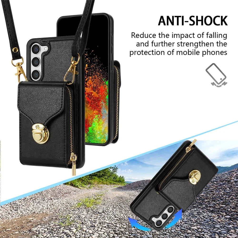 For Samsung Galaxy S23+ Zipper Leather Coated TPU Phone Case Card Holder Kickstand Cover - Black - 5