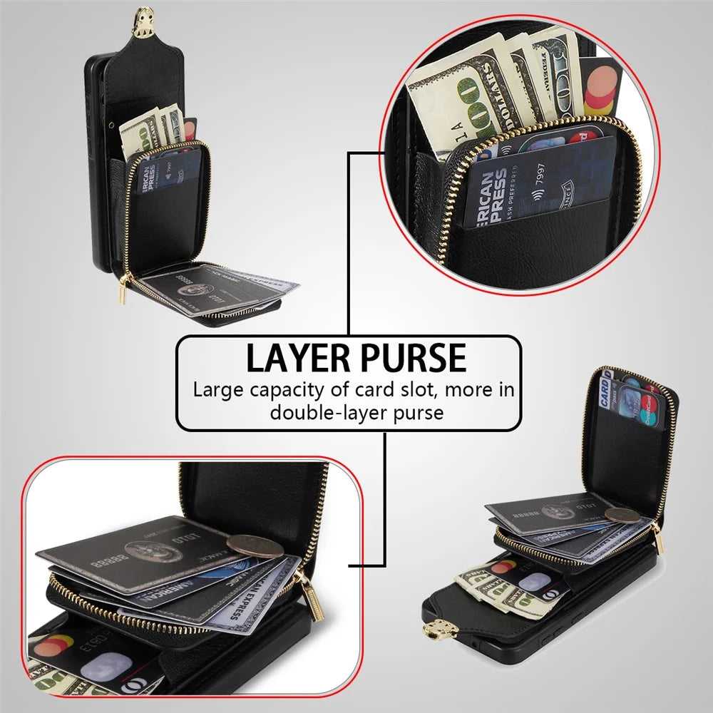 For Samsung Galaxy S23+ Zipper Leather Coated TPU Phone Case Card Holder Kickstand Cover - Black - 6