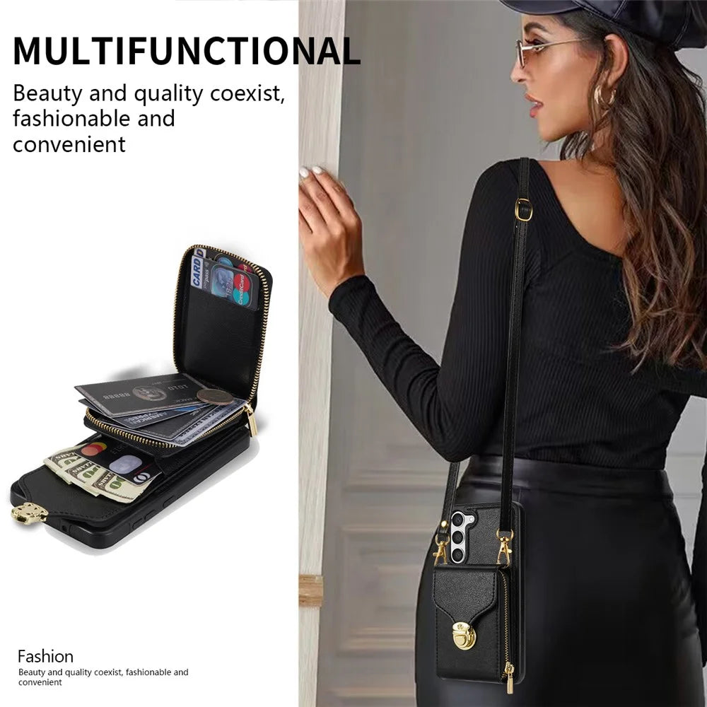 For Samsung Galaxy S23+ Zipper Leather Coated TPU Phone Case Card Holder Kickstand Cover - Black - 7
