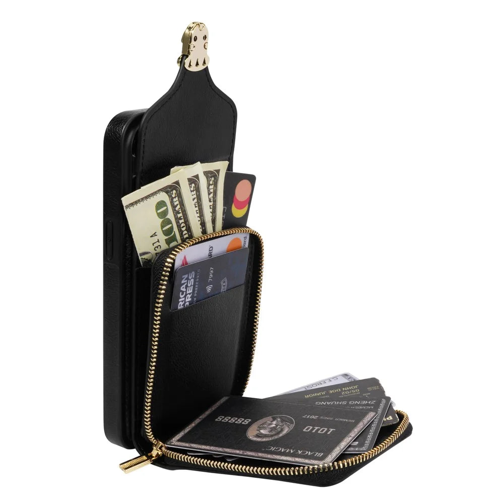 For iPhone 14 PU Leather Coated TPU Phone Case Zipper Card Slot Kickstand Cover with Shoulder Strap - Black - 2