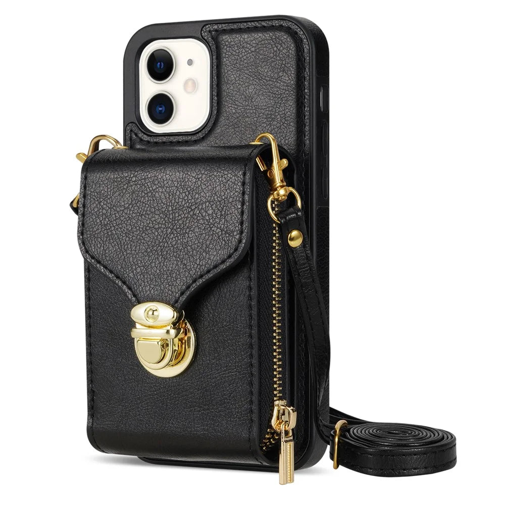 Zipper Phone Cover for iPhone 12 / 12 Pro 6.1 inch , PU Leather Coated TPU Card Holder Kickstand Case - Black - 1