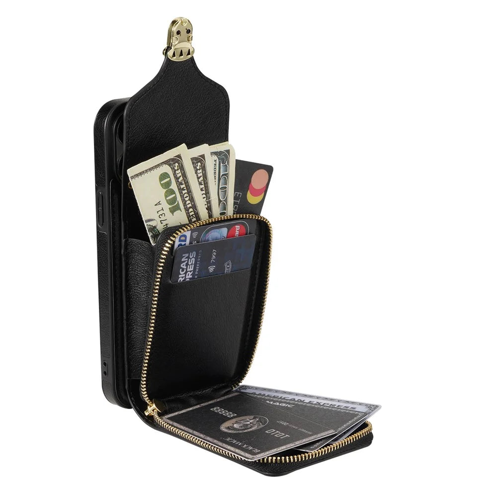 Zipper Phone Cover for iPhone 12 / 12 Pro 6.1 inch , PU Leather Coated TPU Card Holder Kickstand Case - Black - 2