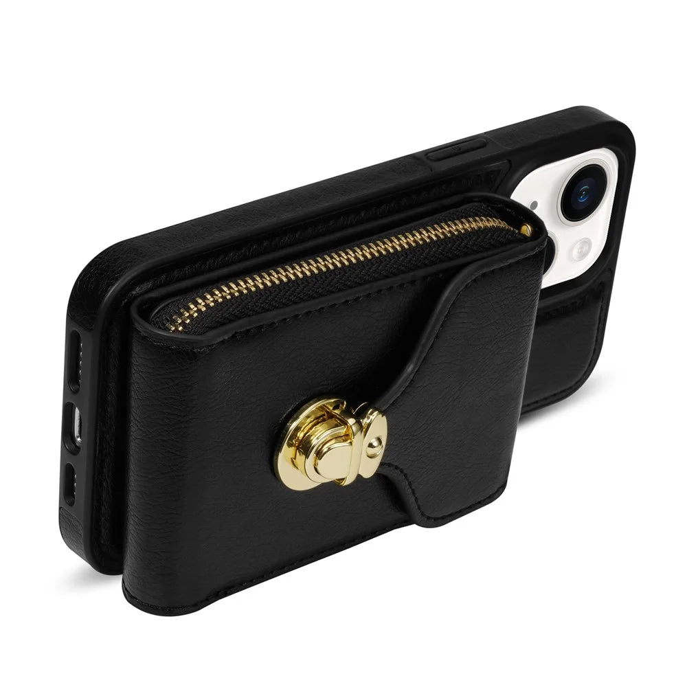 For iPhone 13 mini 5.4 inch Crossbody Card Holder Bag Phone Case PU Leather Coated TPU Kickstand Zipper Cover - Black - 3