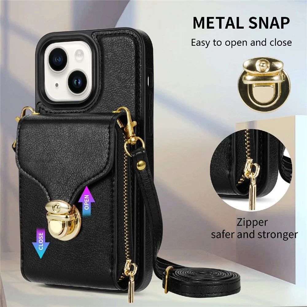 For iPhone 13 mini 5.4 inch Crossbody Card Holder Bag Phone Case PU Leather Coated TPU Kickstand Zipper Cover - Black - 5