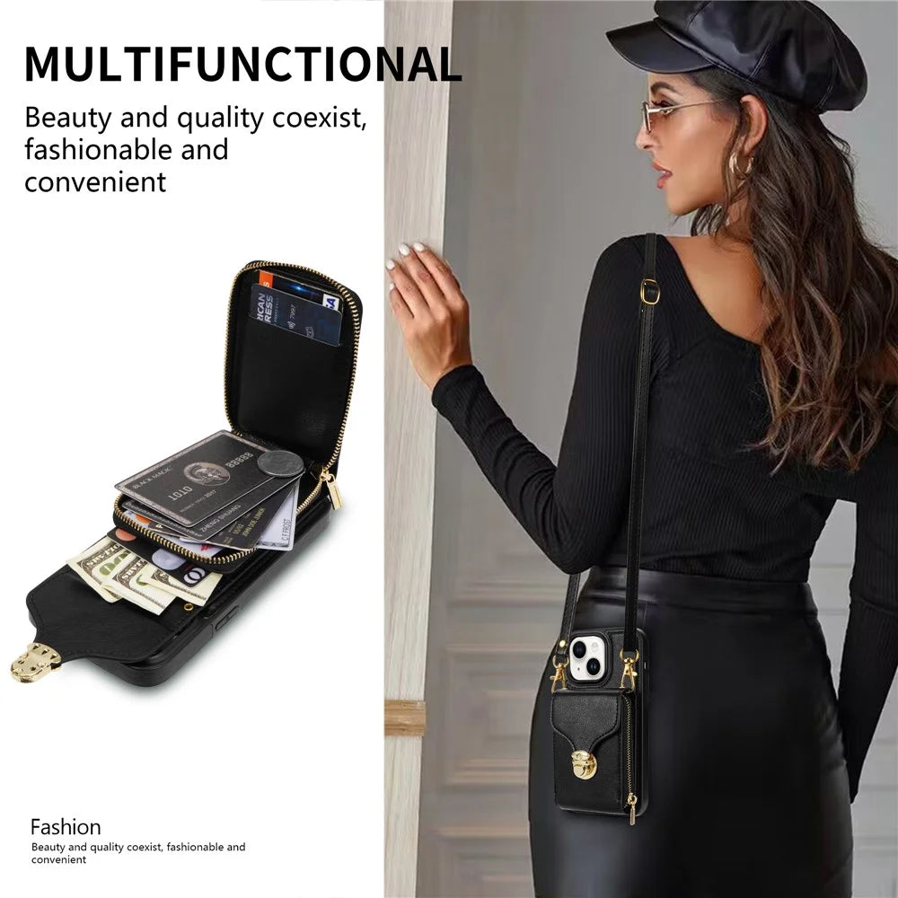 For iPhone 13 mini 5.4 inch Crossbody Card Holder Bag Phone Case PU Leather Coated TPU Kickstand Zipper Cover - Black - 6