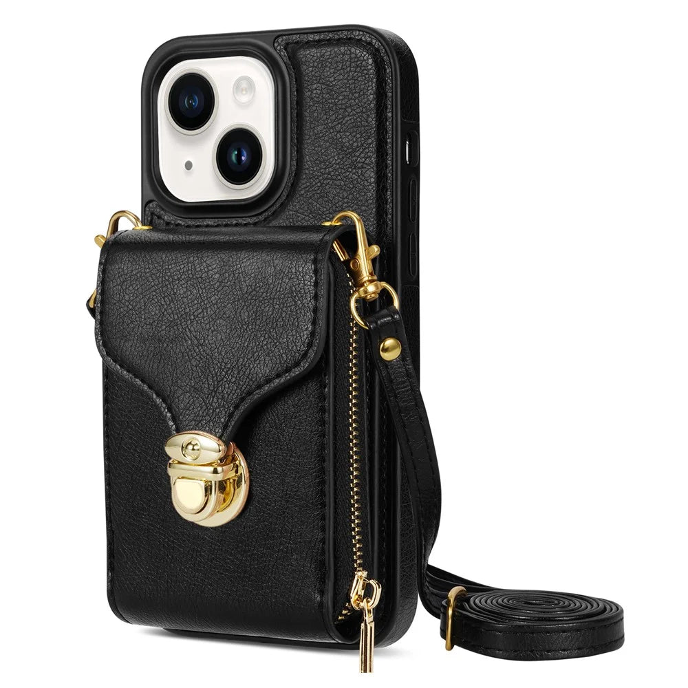 For iPhone 13 6.1 inch PU Leather Coated TPU Card Slot Case Kickstand Zipper Phone Cover with Long Lanyard - Black - 1