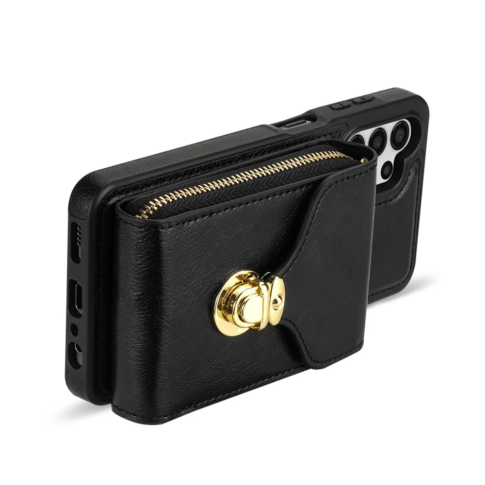 Zipper Phone Case for Samsung Galaxy A13 4G / 5G / A04s 4G (164.7mm) / A04 4G / M13 5G , PU Leather Coated TPU Card Holder Kickstand Cover - Black - 3