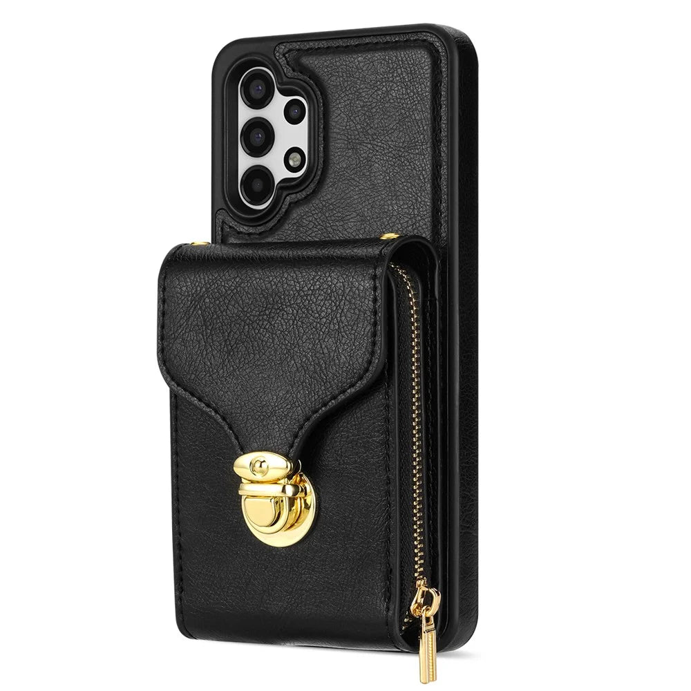 Zipper Phone Case for Samsung Galaxy A13 4G / 5G / A04s 4G (164.7mm) / A04 4G / M13 5G , PU Leather Coated TPU Card Holder Kickstand Cover - Black - 7