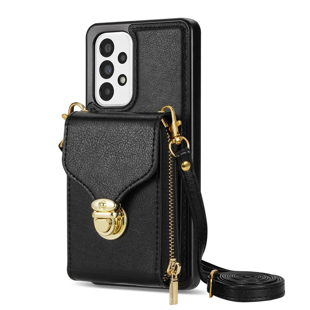 Crossbody Phone Case for Samsung Galaxy A52 4G / 5G / A52s 5G , PU Leather + TPU Zipper Card Holder Kickstand Cover - Black - 1