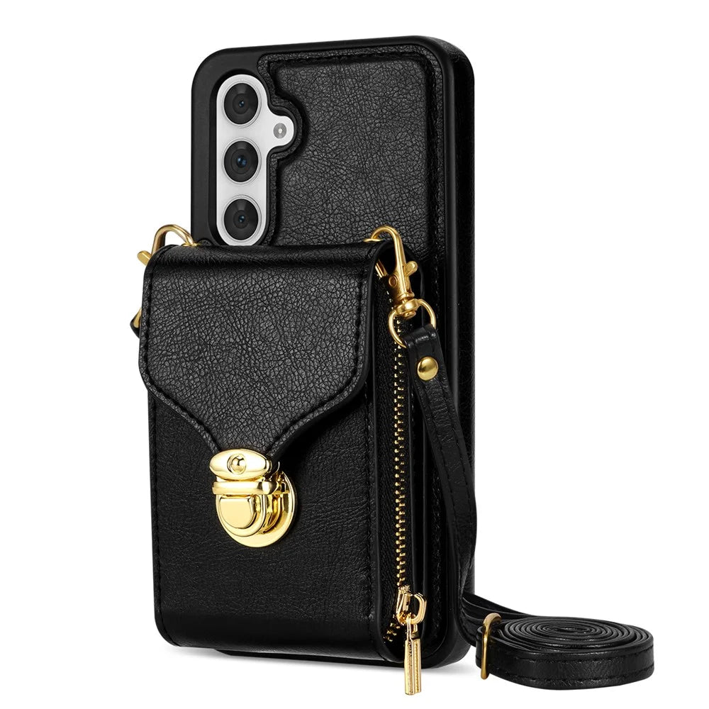 For Samsung Galaxy A54 5G PU Leather + TPU Anti-Fall Phone Case Card Slot Zipper Phone Bag Kickstand Cover - Black - 1