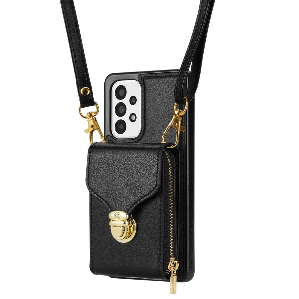 For Samsung Galaxy A53 5G Crossbody Zipper Case PU Leather + TPU Card Holder Kickstand Phone Cover - Black - 6