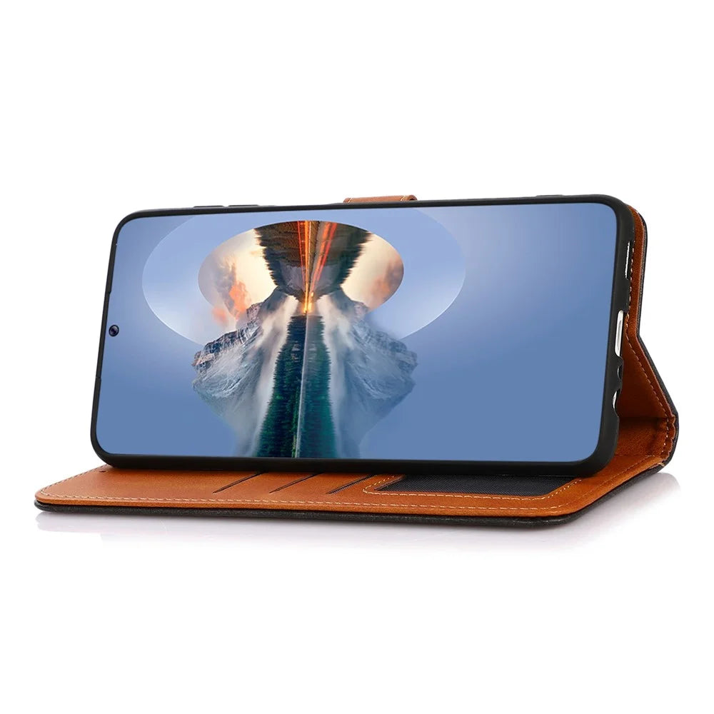 KHAZNEH For Nokia C12 4G / C12 Plus / C12 Pro Phone Leather Cover Gold Button Magnetic Case with Stand Wallet - Black - 3