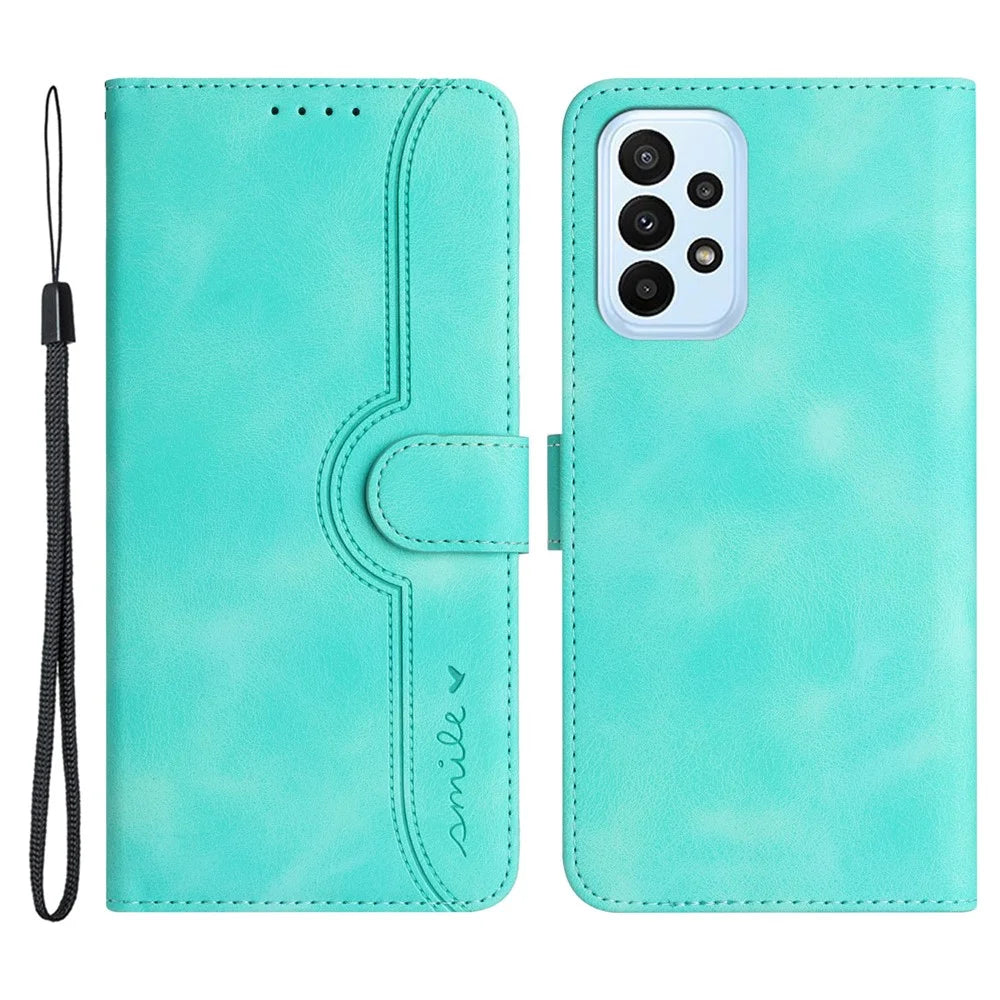 YX003 For Samsung Galaxy A73 5G PU Leather Wallet Phone Stand Case Imprinted Smile Pattern Cell Phone Cover - Baby Blue - 1