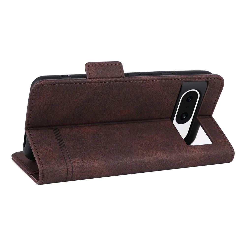 For Google Pixel 8 Hardware Decor PU Leather Phone Case Wallet Stand Phone Cover - Coffee - 4
