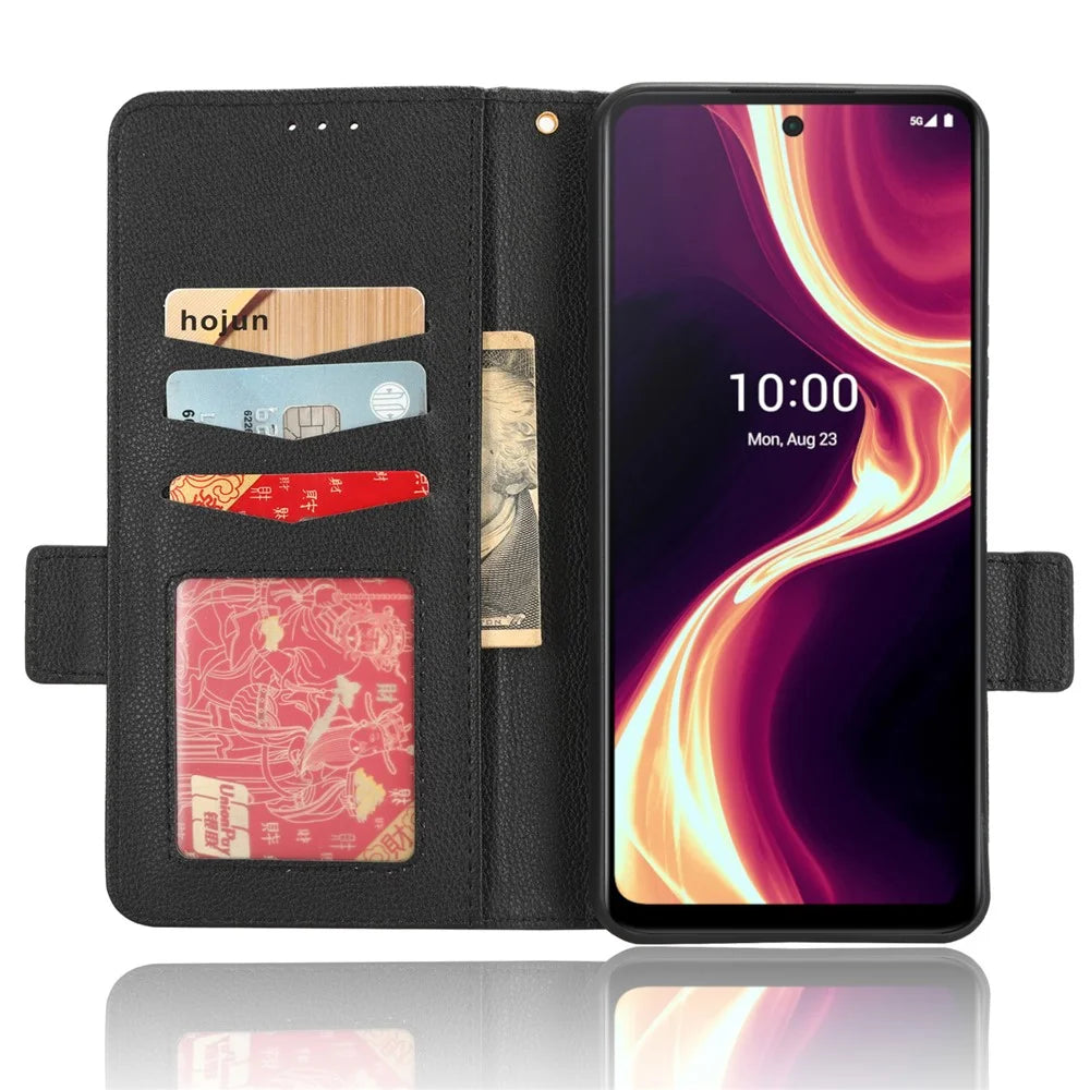 For Boost Mobile Celero 5G+ PU Leather Wallet Litchi Texture Protective Case Stand Phone Cover with Strap - Black - 2