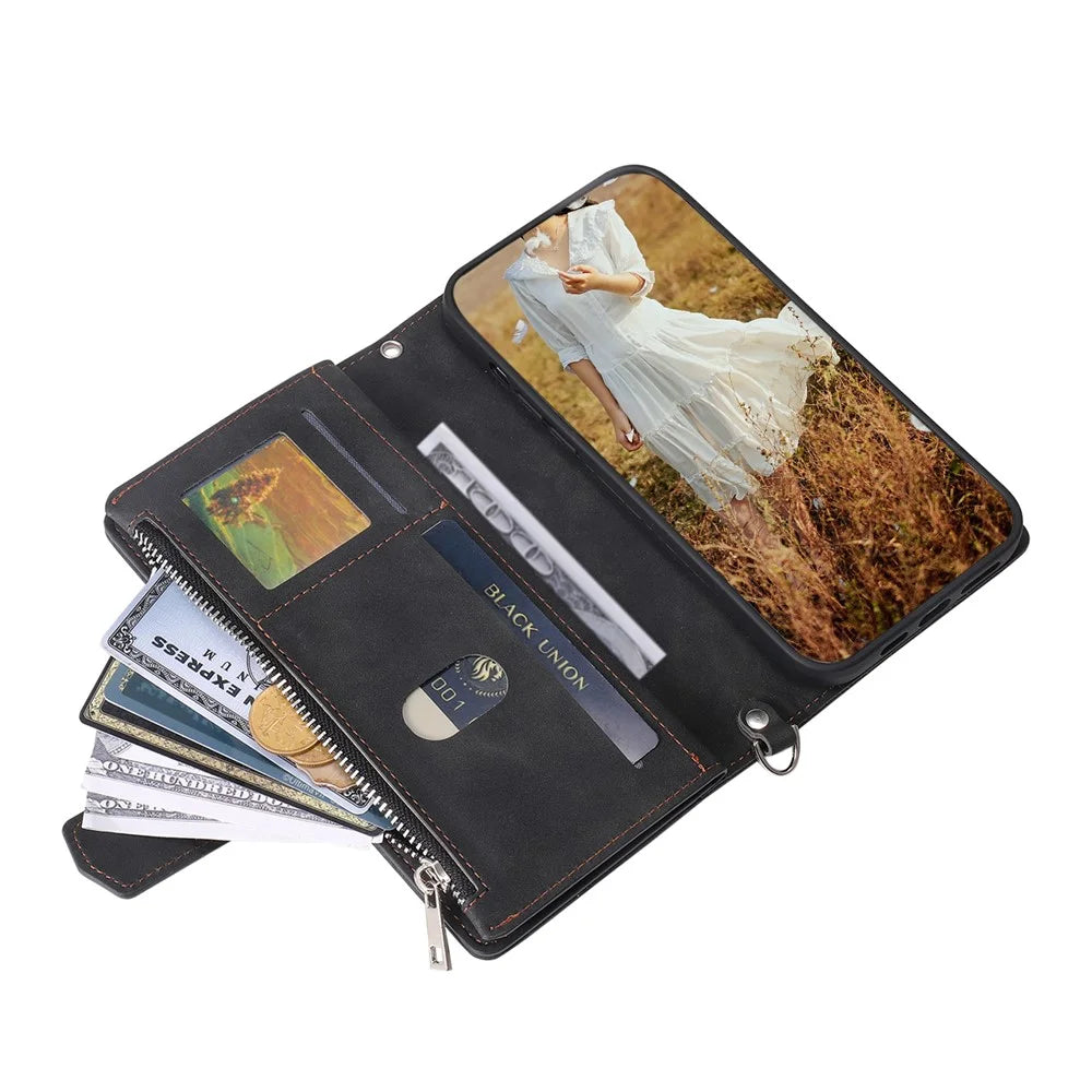 For Samsung Galaxy A24 4G (162.1 x 77.6 x 8.3mm) Rhombus Imprinted PU Leather Cover Zipper Pocket Wallet Phone Case with Strap - Black - 5