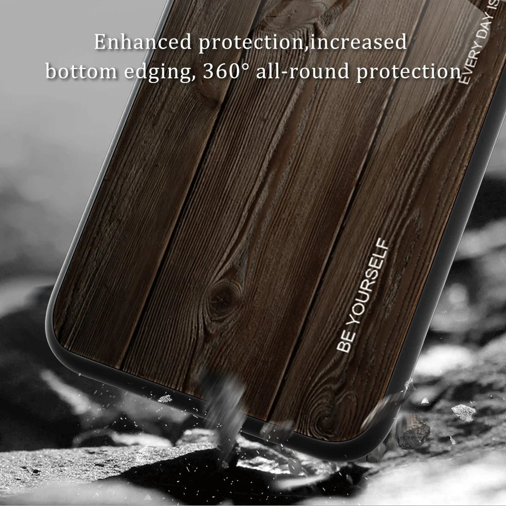 For Samsung Galaxy A24 4G (162.1 x 77.6 x 8.3mm) Tempered Glass+TPU Phone Case Wooden Pattern Phone Cover - Black - 2