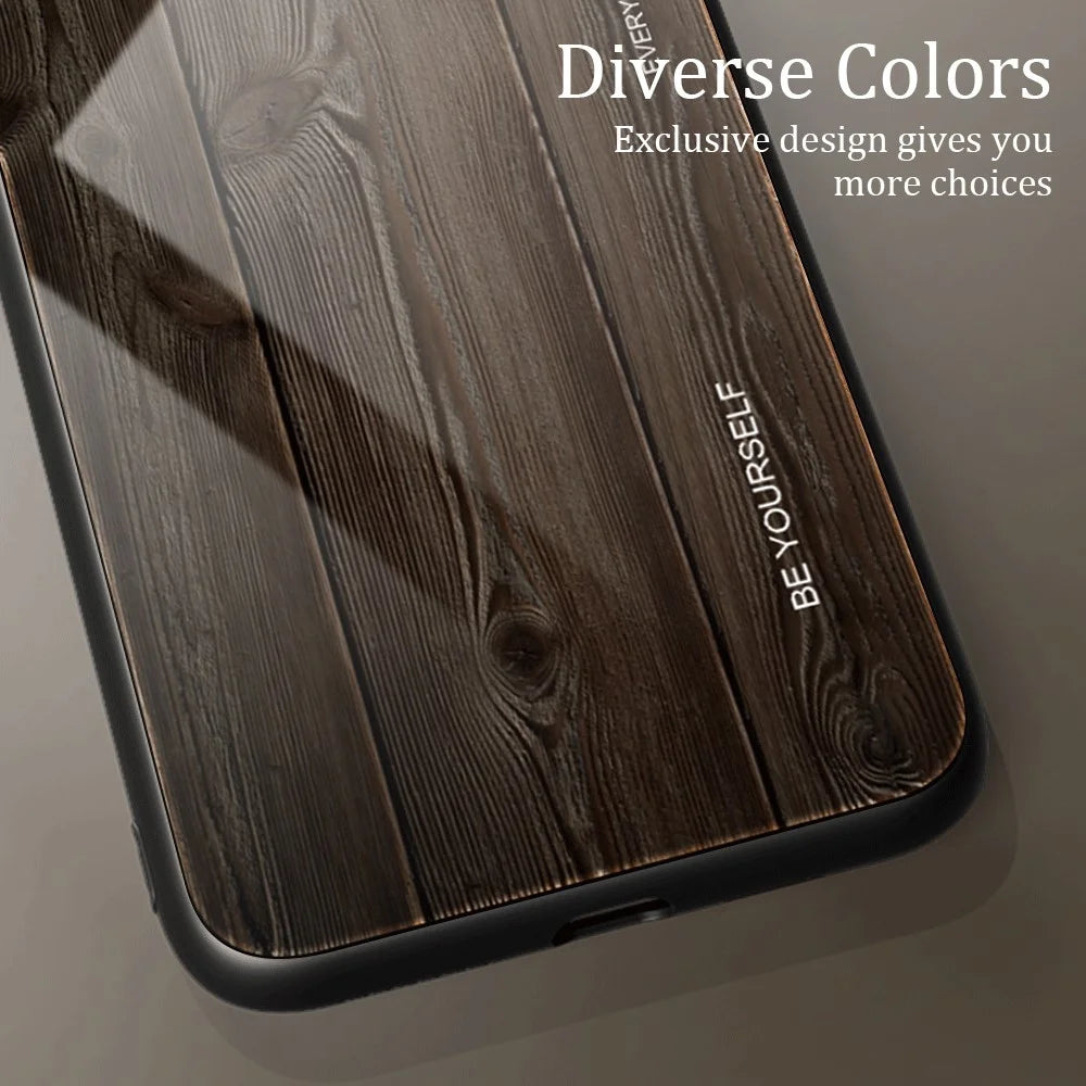 For Samsung Galaxy A24 4G (162.1 x 77.6 x 8.3mm) Tempered Glass+TPU Phone Case Wooden Pattern Phone Cover - Black - 3