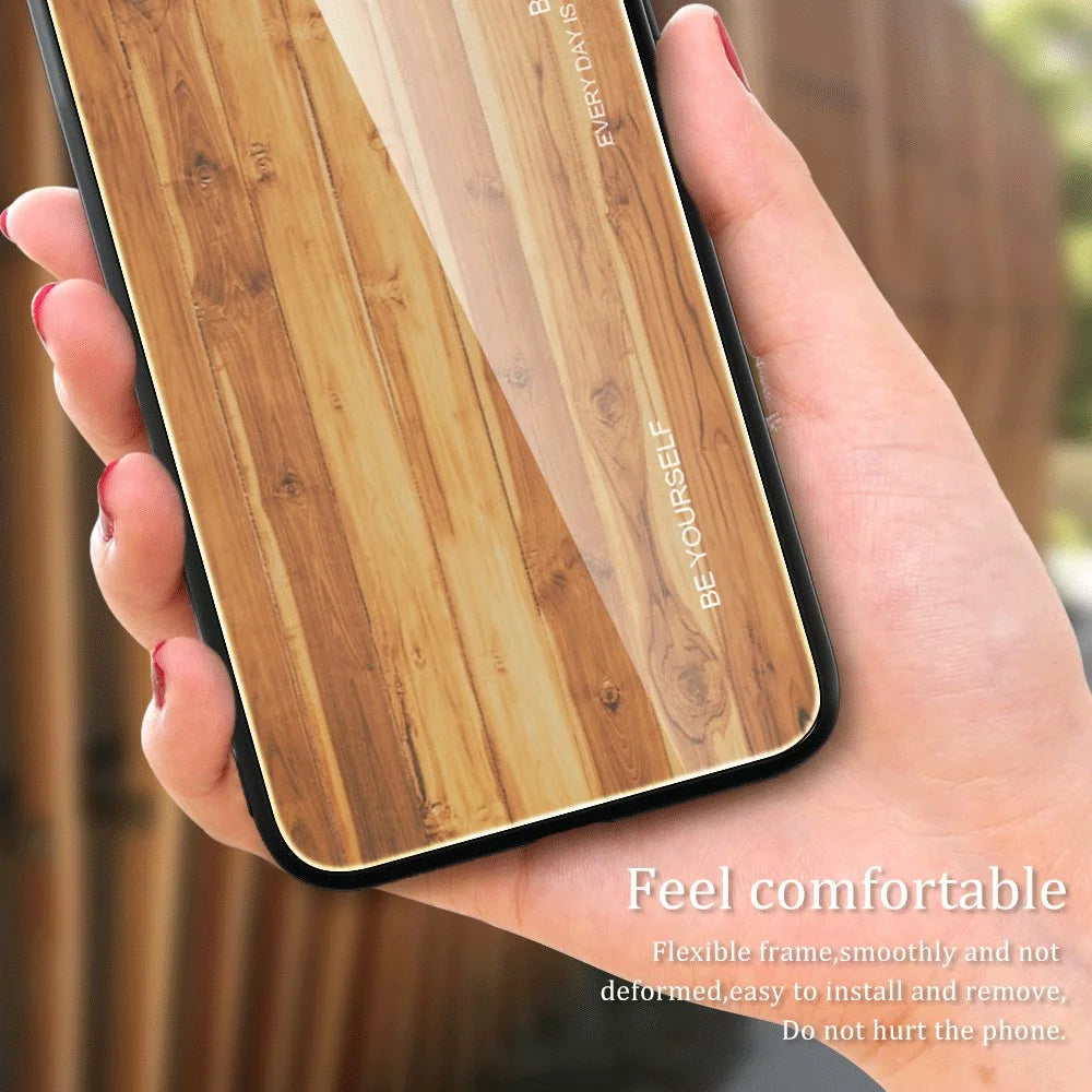For Samsung Galaxy A24 4G (162.1 x 77.6 x 8.3mm) Tempered Glass+TPU Phone Case Wooden Pattern Phone Cover - Black - 5