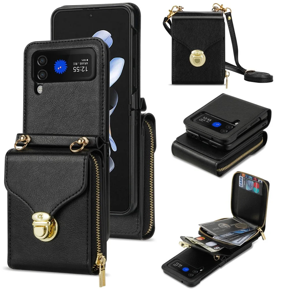 For Samsung Galaxy Z Flip3 5G Zipper Card Bag Phone Case Leather+TPU+PC Cover with Shoulder Strap - Black - 1