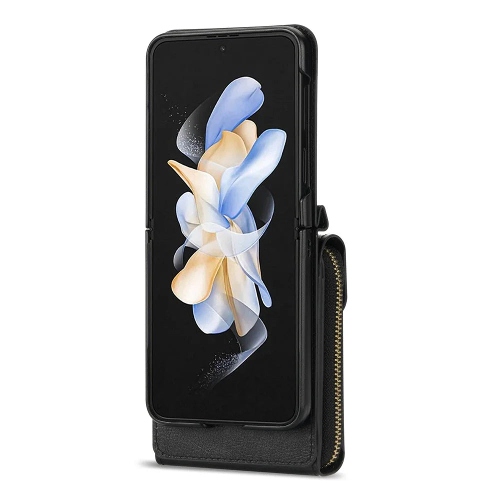 For Samsung Galaxy Z Flip4 5G Zipper Pocket Card Slot Phone Case PU Leather+TPU+PC Protective Cover - Black - 3