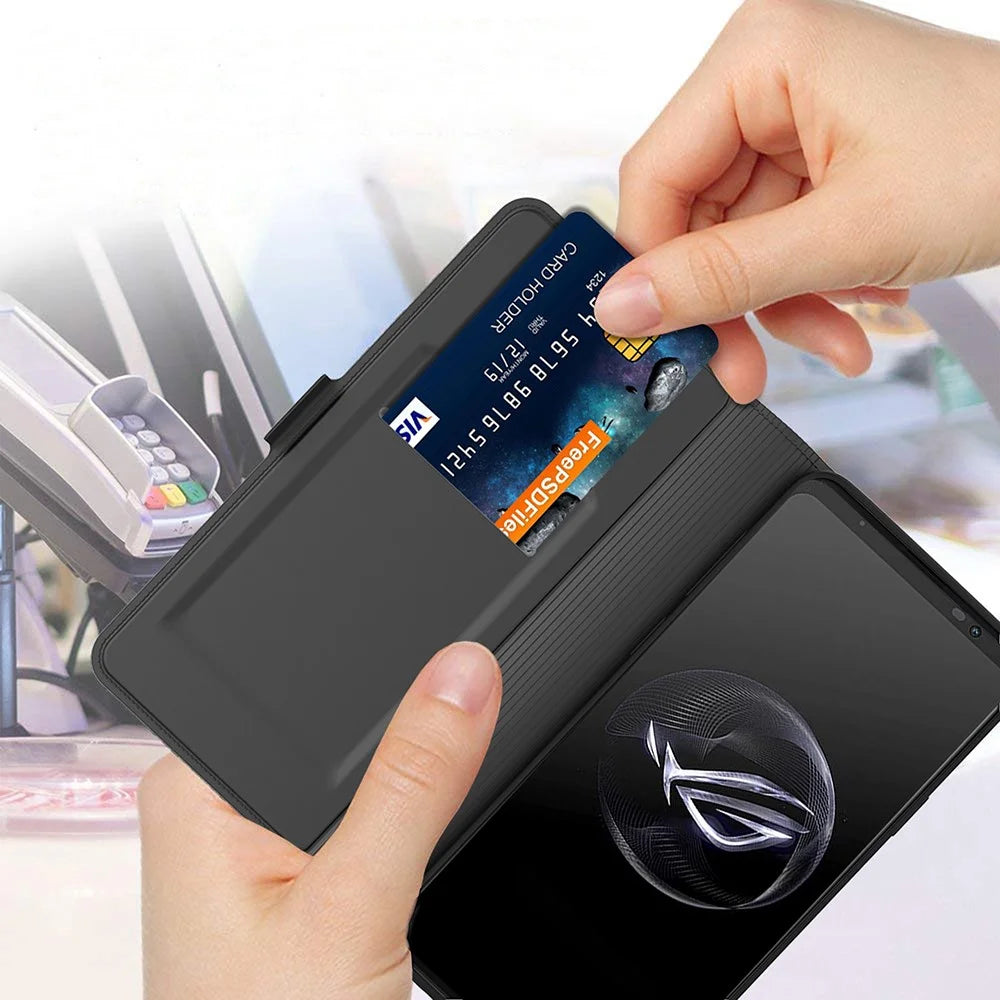 For Asus ROG Phone 7 5G Folio Flip Cover Magnetic PU Leather Folding Stand Flip Card Holder Slot Phone Case - Black - 5