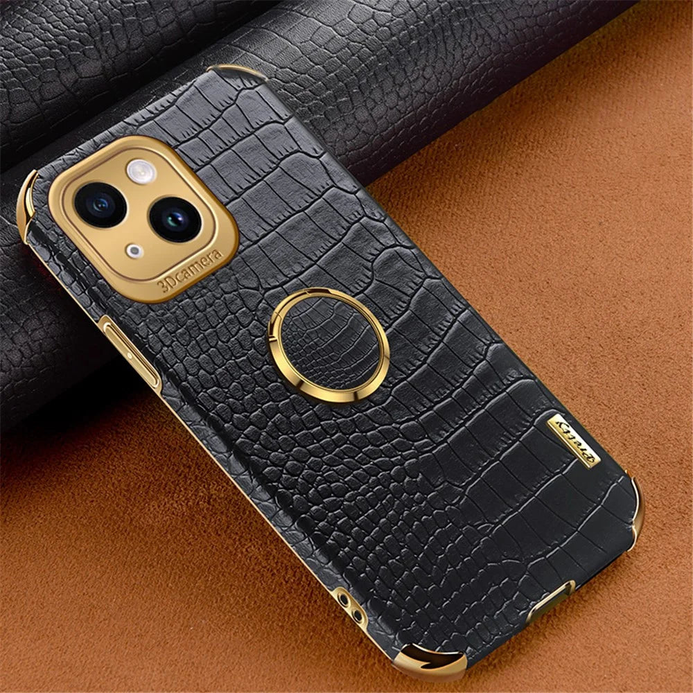 For iPhone 14 Plus Kickstand 6D Electroplating Cover PU Leather Coated TPU Crocodile Texture Phone Case - Black - 2