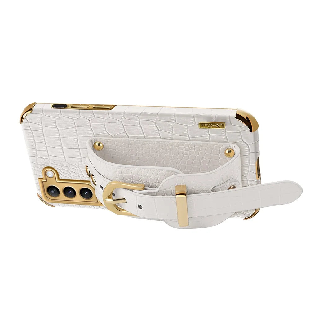 For Samsung Galaxy S21+ 5G Anti-drop Crocodile Texture Phone Cover 6D Electroplated Leather Coated TPU Case with Hand Strap - White - 3