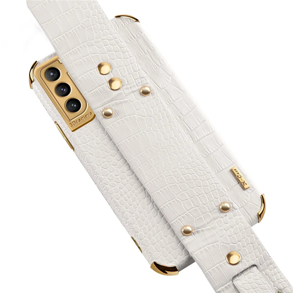 For Samsung Galaxy S21+ 5G Anti-drop Crocodile Texture Phone Cover 6D Electroplated Leather Coated TPU Case with Hand Strap - White - 6