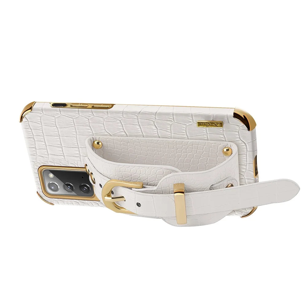For Samsung Galaxy Note20 5G / Note20 Crocodile Texture Wristband Phone Case 6D Electroplating Leather Coated TPU Cover - White - 3