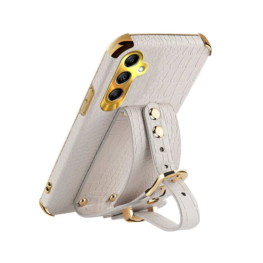 For Samsung Galaxy A24 4G (162.1 x 77.6 x 8.3mm) Wristband Phone Cover Crocodile Texture Electroplating PU Leather + TPU Protective Case - White - 4
