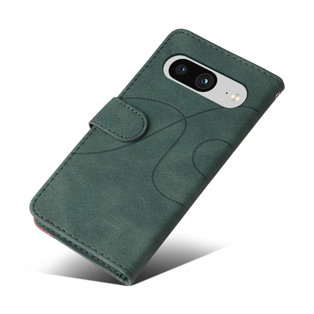 For Google Pixel 8 Leather Case Wallet Stand Color Splicing Phone Cover - Green - 6