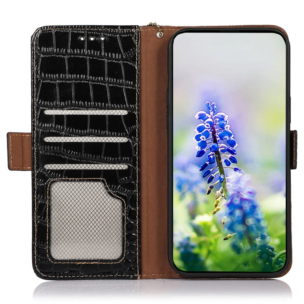 Flip Case for Google Pixel 8 Genuine Cowhide Leather Crocodile Texture RFID Blocking Wallet Stand Phone Cover - Black - 2