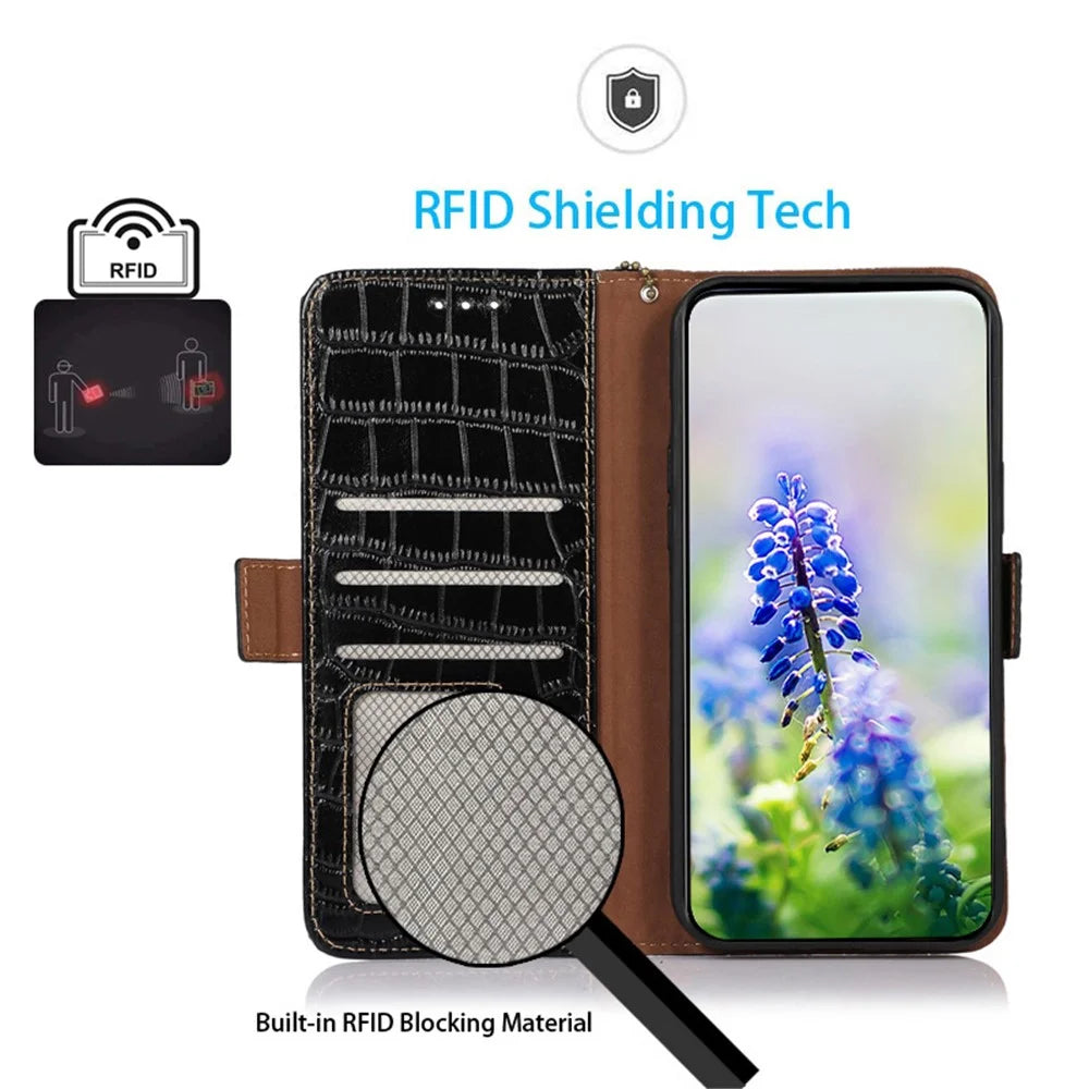 Flip Case for Google Pixel 8 Genuine Cowhide Leather Crocodile Texture RFID Blocking Wallet Stand Phone Cover - Black - 4