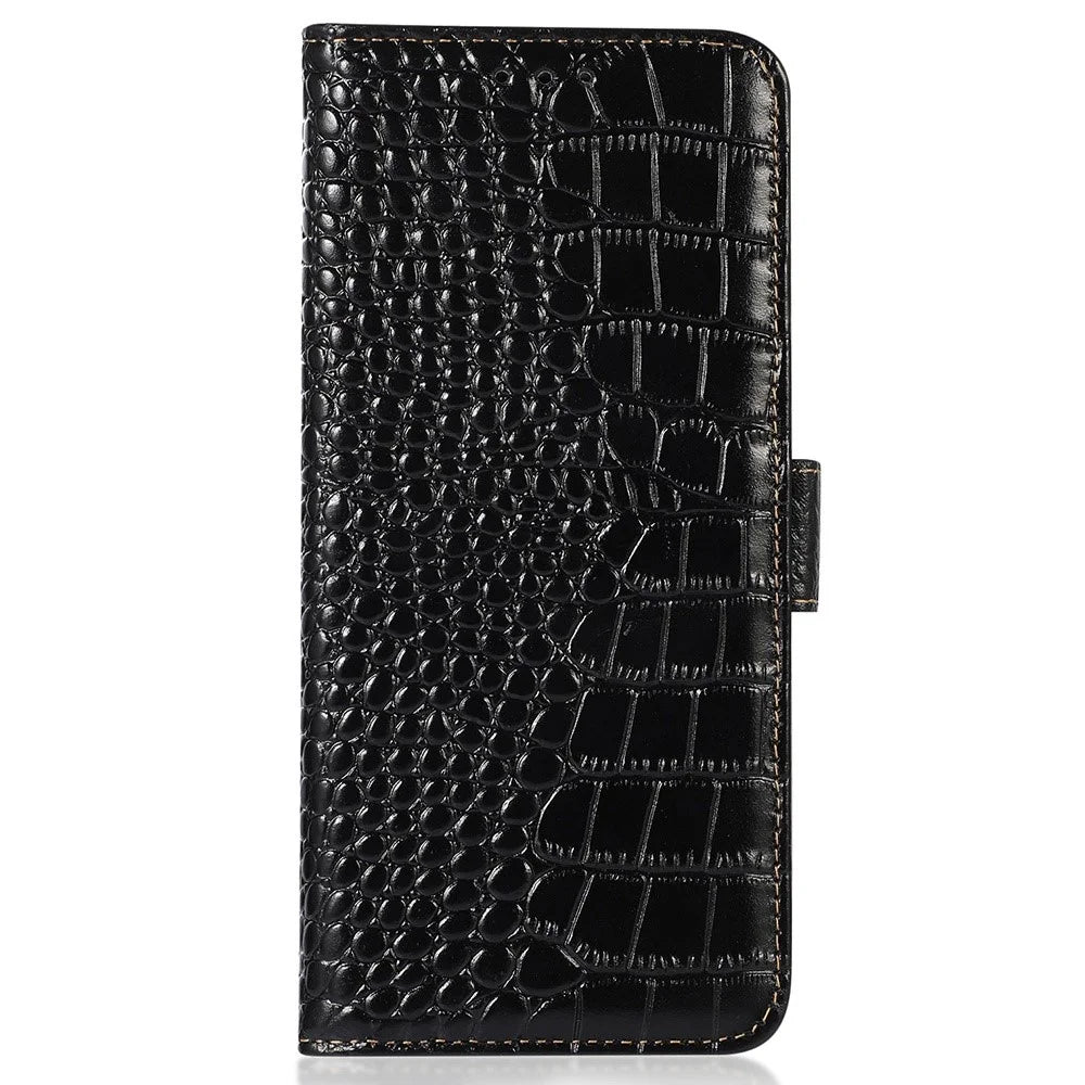 Flip Case for Google Pixel 8 Genuine Cowhide Leather Crocodile Texture RFID Blocking Wallet Stand Phone Cover - Black - 7
