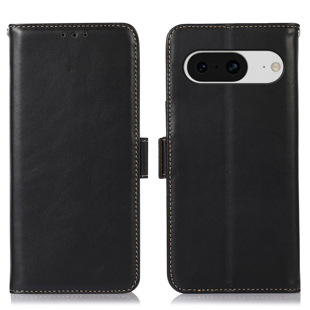 For Google Pixel 8 RFID Blocking Phone Case Genuine Cowhide Leather Cover with Stand Wallet - Black - 1
