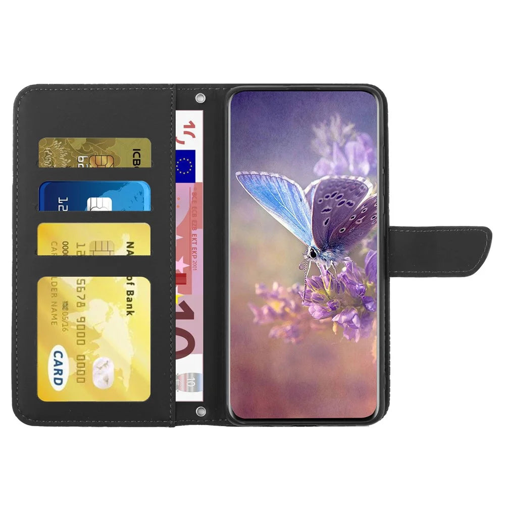 HT03 PU Leather Flip Phone Case for Sony Xperia 10 V Stand Wallet Butterfly Flowers Imprinted Cover with Strap - Black - 2