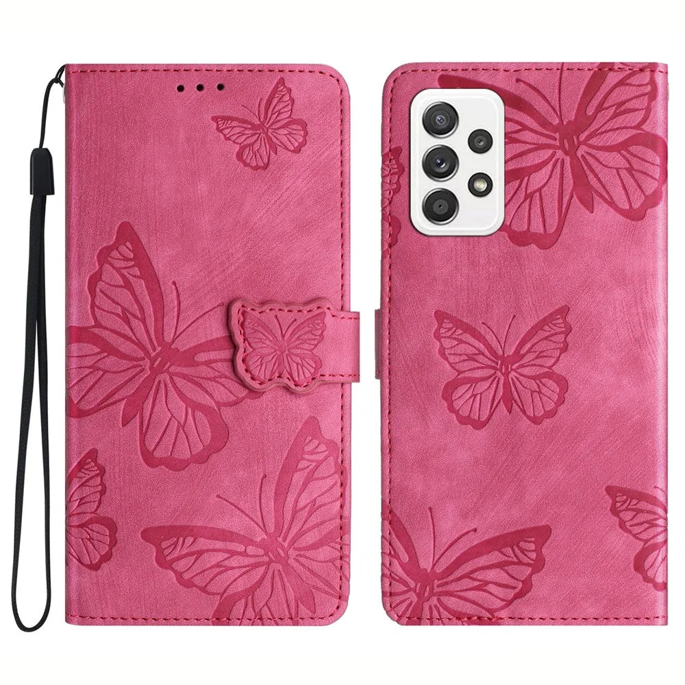 For Samsung Galaxy A52 4G / 5G / A52s 5G Anti-Fall Wallet Phone Case Butterfly Imprinted Skin-Touch Leather Phone Cover - Rose - 1