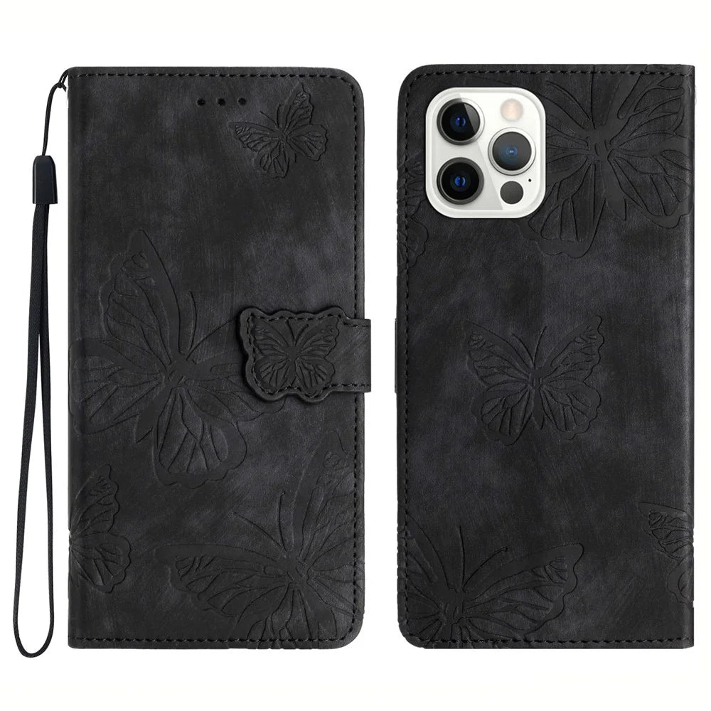 Skin-touch Phone Cover for iPhone 13 Pro Max 6.7 inch PU Leather Stand Wallet Butterfly Imprinted Case - Black - 1