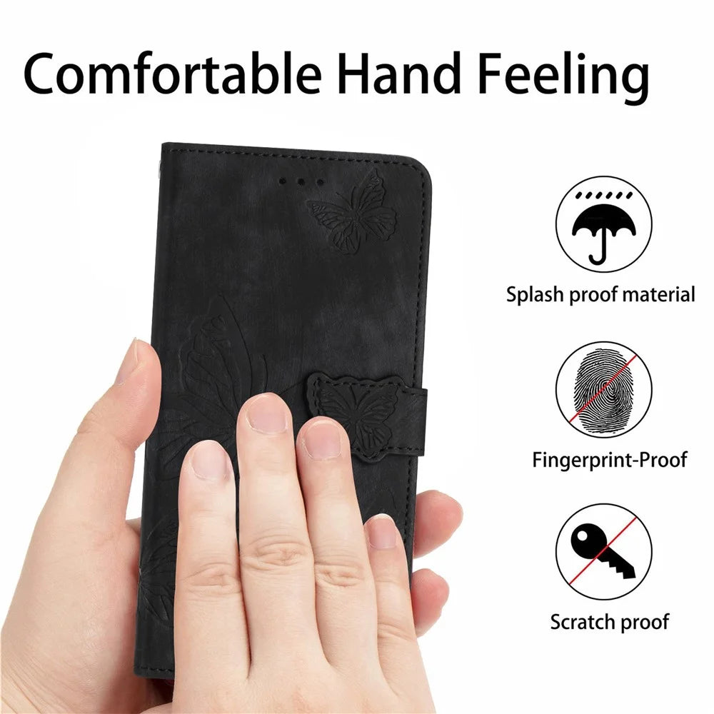 Skin-touch Phone Cover for iPhone 13 Pro Max 6.7 inch PU Leather Stand Wallet Butterfly Imprinted Case - Black - 4