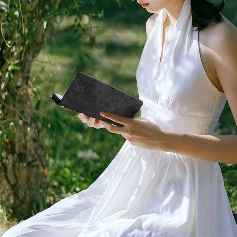 Skin-touch Phone Cover for iPhone 13 Pro Max 6.7 inch PU Leather Stand Wallet Butterfly Imprinted Case - Black - 6