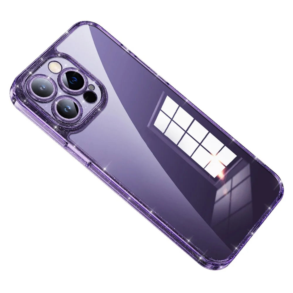 SULADA For iPhone 13 Pro Max Phone Case Tempered Glass+TPU Glitter Electroplating Phone Cover with Lens Protector - Purple - 1