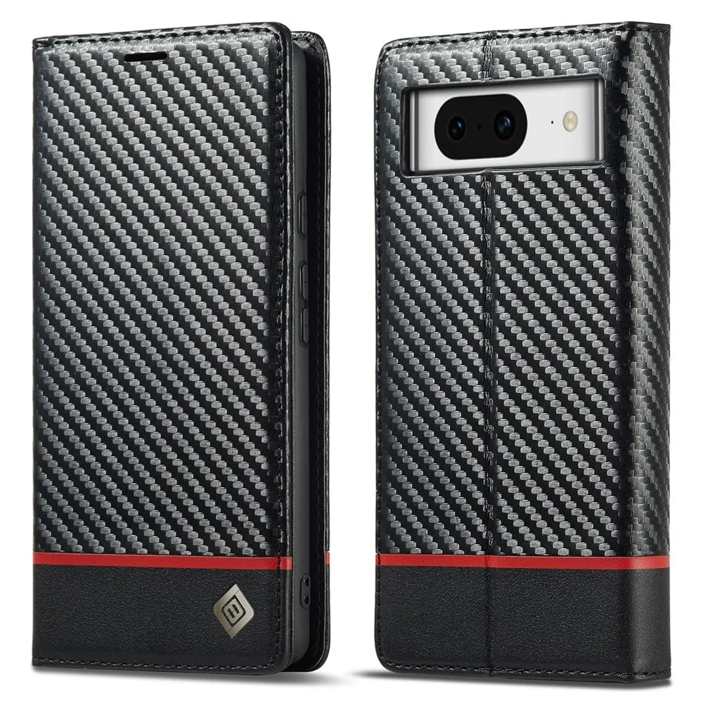 LC.IMEEKE For Google Pixel 8 Wallet Stand Phone Leather Case Carbon Fiber Texture Cover - Horizontal Stripe - 1